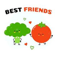 Broccoli and tomato card. Vector hand drawn doodle style cartoon character illustration icon design. Happy broccoli and tomato friends concept card