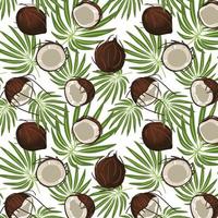 A pattern from a coconut cartoon set with leaves. Vector illustration of a coconut with leaves. Vector pattern, background, seamless coconut pattern for use in textiles, gift wrapping.