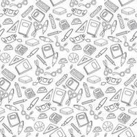 Hand Drawn School Doodle Illustration Set Seamless pattern with school supplies, notebook, laundry, paints, textbooks, glasses, ball, ruler, scissors, etc vector