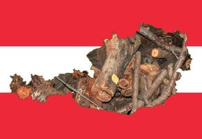 Outline map of Austria with the image of the national flag. Firewood background inside the card. Collage illustration. Energy crisis. photo