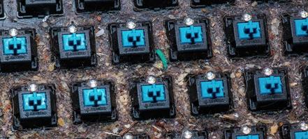 Very dirty keyboard. Dog hair, breadcrumbs and dust accumulated under the keys. Mechanical keyboard switches without buttons photo