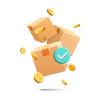 3d vector flying parcel cardboard boxes with gold dollar coins and check marks sign design