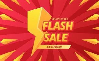 Plantilla de banner de descuento de promoción de oferta de venta flash 3d con iluminación 3d y fondo de ráfaga roja vector