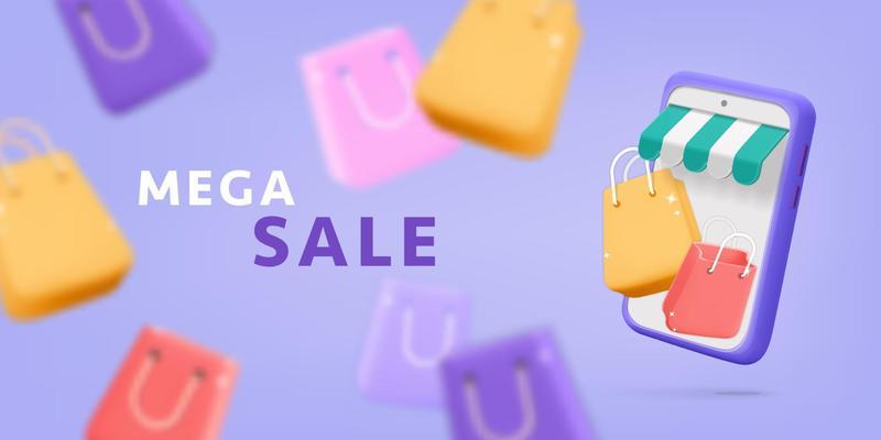3d vector sale flying shopping bag and smartphone banner design