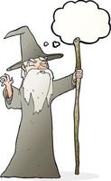 cartoon old wizard with thought bubble vector