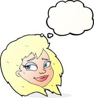 caricatura, feliz, cara femenina, con, burbuja del pensamiento vector