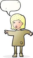 cartoon woman in patched clothing with speech bubble vector