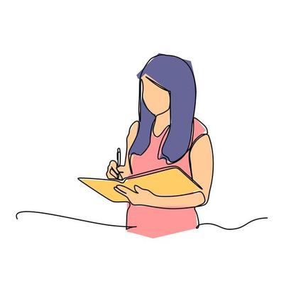 Continuous one line drawing of a woman teacher or student reading a book in white background. Education learning studying Teaching concept. Colourful flat design Vector illustration