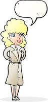 cartoon woman in trench coat with speech bubble vector