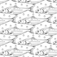 Top view of raw salmon steak isolated on blue background. Minimal concept. Flat lay. Seamless line pattern vector