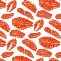 Top view of raw salmon steak isolated on blue background. Minimal concept. Flat lay. Seamless line pattern vector