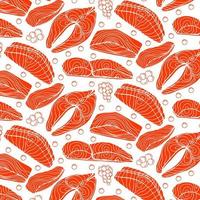 Top view of raw salmon steak isolated on blue background. Minimal concept. Flat lay. Seamless line pattern vector