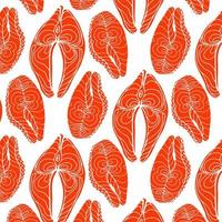 Top view of raw salmon steak isolated on blue background. Minimal concept. Flat lay. Seamless line pattern vector