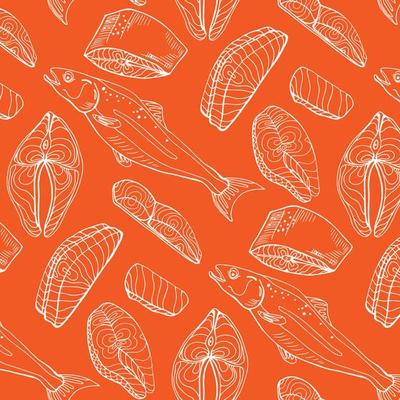 Top view of raw salmon steak isolated on blue background. Minimal concept. Flat lay. Seamless line pattern