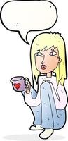 cartoon woman sitting with cup of coffee with speech bubble vector