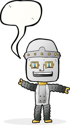 cartoon waving robot with speech bubble