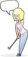 caricatura, mujer, juego, golf, con, burbuja del discurso vector