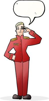 cartoon military man in dress uniform with speech bubble