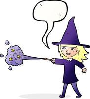 cartoon witch girl casting spell with speech bubble vector