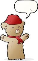 cartoon teddy bear in hat and scarf with speech bubble vector