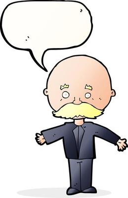 cartoon man with mustache with speech bubble