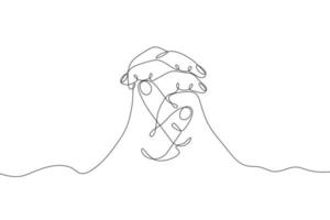 Continuous single line drawn hand gestures, minimalistic human praying hands sign. Dynamic one line graphic vector design illustration