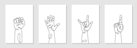 Single line drawn hand gestures set, minimalistic human hands with fist, five, hello, rock, one, pointing. Dynamic continuous one line graphic vector