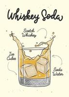 Cóctel de soda de whisky de estilo grabado vectorial con cubitos de hielo y salpicaduras de ilustración para carteles, decoración, menú e impresión. boceto dibujado a mano con letras y recetas, ingredientes de bebidas. vector