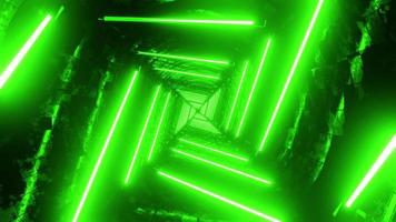 volando en un túnel con luces fluorescentes verdes intermitentes. Animación en bucle infinito. video