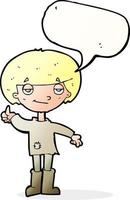 cartoon boy in poor clothing giving thumbs up symbol with speech bubble vector