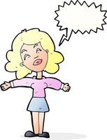 cartoon woman with open arms with speech bubble vector