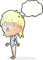 cartoon woman in swimsuit shrugging shoulders with speech bubble vector