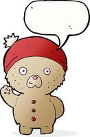cartoon waving teddy bear in winter hat with speech bubble vector