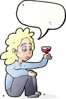 mujer infeliz de dibujos animados con una copa de vino con burbujas de discurso vector