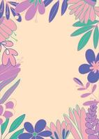 tarjeta de felicitación con lindas flores en color rosa-lila. flores tropicales en muy peri. ilustración vectorial decoración floral festiva. invitación de boda. plantilla de marco con espacio para texto. vector