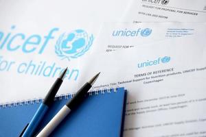 TERNOPIL, UKRAINE - MAY 2, 2022 Request for proposal for services from UNICEF - United Nations programm that provides humanitarian and developmental assistance to children photo