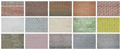 A collage of many pictures with fragments of brick walls of different colors close-up. Set of images with varieties of brickwork photo