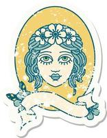 worn old sticker with banner of a maiden with flowers in her hair vector