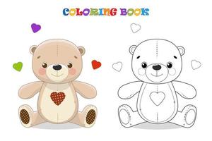 Cartoon Teddy bear with hearts. Coloring page and colorful clipart. Cute design for t shirt print, icon, logo, label, patch or sticker.  illustration.