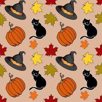 Seamless pattern with black cats, witch hat and Halloween pumpkins on an orange background. It can be used for scrapbooking digital paper, textile printing. vector