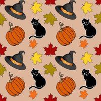 patrón impecable con gatos negros, sombrero de bruja y calabazas de halloween en un fondo naranja. se puede utilizar para scrapbooking papel digital, impresión textil. vector