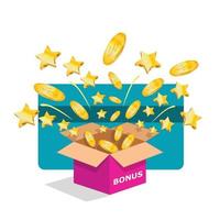 Gift box with golden coins and stars on background customer reward card. May be used for Loyalty program, e-commerce discount service concept, bonus, cash back. Vector illustration EPS 10