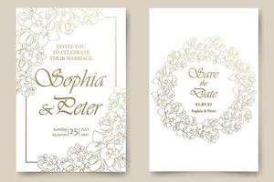 invitación de boda, guarde la plantilla de diseño de la tarjeta de fecha. fresia, flores blancas. diseño floral dibujado a mano de oro .ilustración vectorial. vector