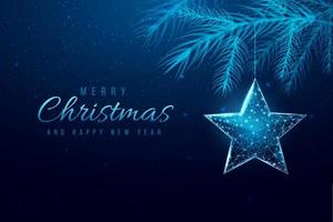 Wireframe Christmas star and Christmas tree branches, low poly style. New Year banner. Abstract modern 3d vector illustration on blue background.