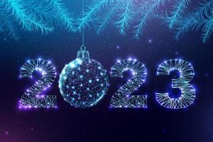 Happy new year 2023 greeting card. Low poly style design. Numbers from a polygonal wireframe mesh. Abstract vector illustration on dark background.