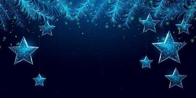 Wireframe Christmas stars and Christmas tree branches, low poly style. New Year banner. Abstract modern 3d vector illustration on blue background.