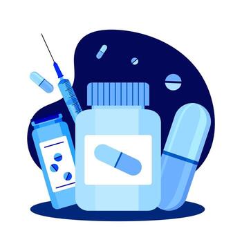 Pills, pills, capsules of a medicine jar. Capsule concepts from a medical kit. Can be used for web and mobile devices Vector illustration of a color element