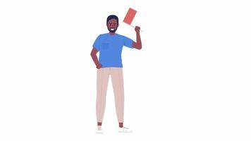 Animated man with red flag character. Waving for celebration. Full body flat person HD video footage with alpha channel. Color cartoon style illustration for motion graphic design and animation