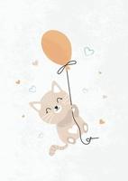 Happy cat flying in a balloon. Children's cute illustration for postcards, room posters. Vector