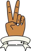 Retro Tattoo Style peace two finger hand gesture with banner vector